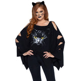 Close-up front view of black cat poncho costume with ear headband - Golddiggers Boutique