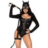 Close front pose of black cat villain costume bodysuit with garter belt - Golddiggers Boutique