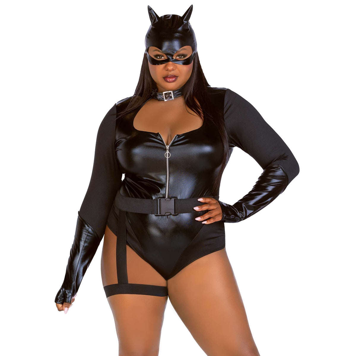 Close front view of plus size black cat villain costume bodysuit with garter belt - Golddiggers Boutique