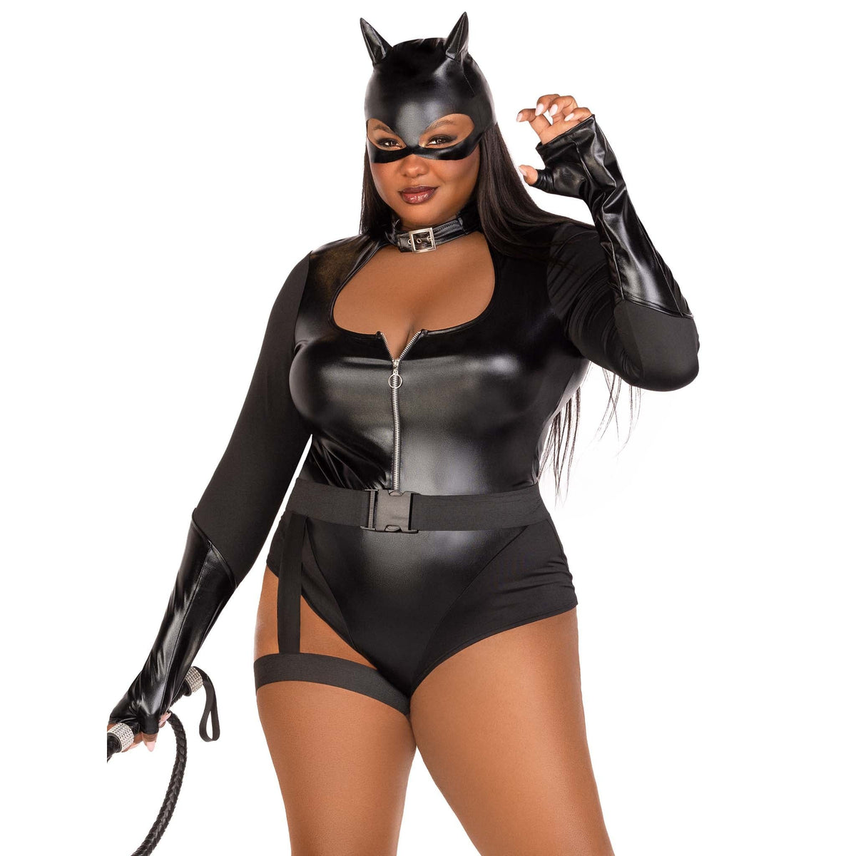 Close front pose of plus size black cat villain costume bodysuit with garter belt - Golddiggers Boutique