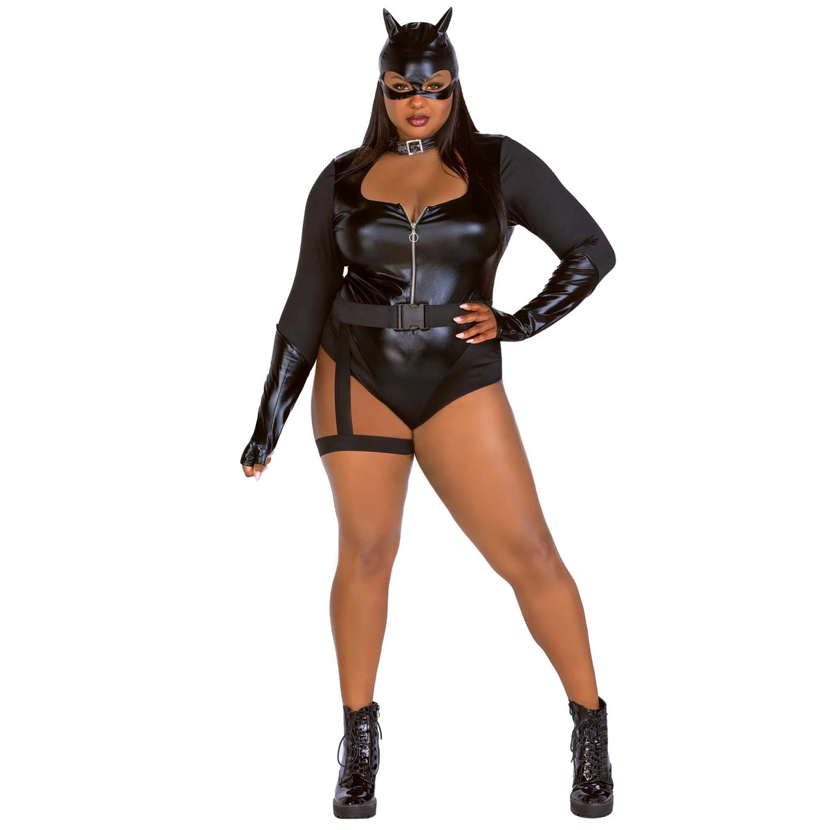 Front view of plus size black cat villain costume bodysuit with garter belt - Golddiggers Boutique