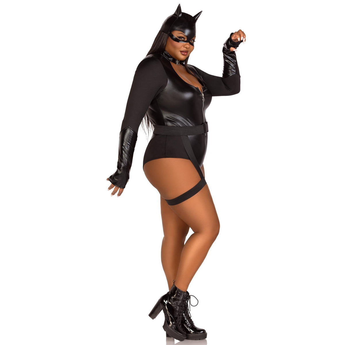 Side view of plus size black cat villain costume bodysuit with garter belt - Golddiggers Boutique
