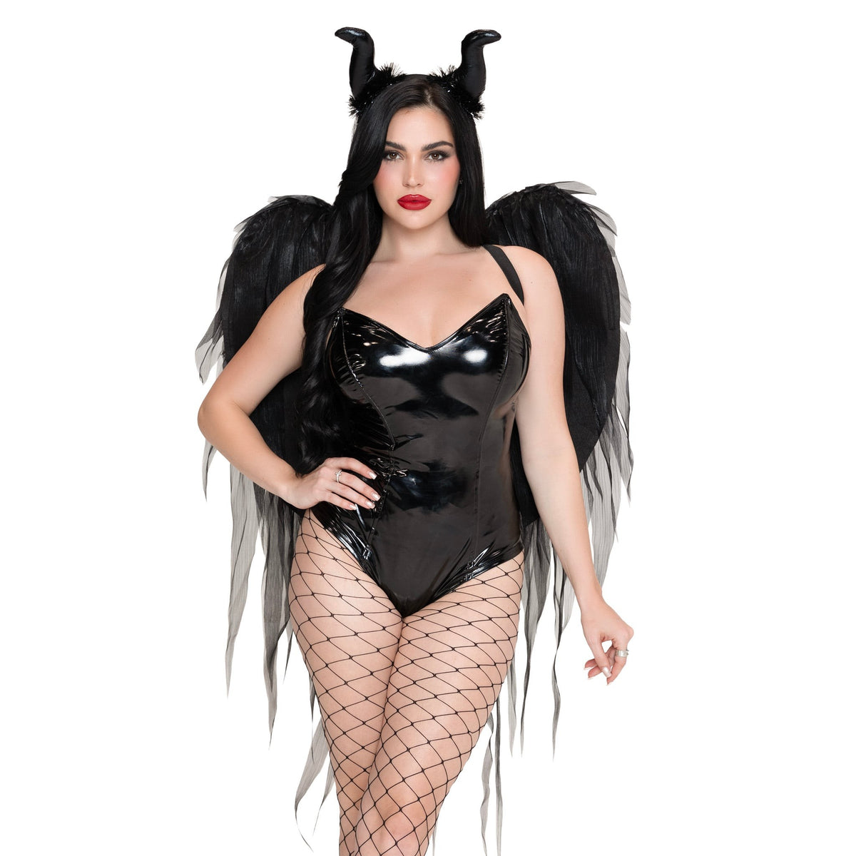 Close front view of black chiffon wings and horn headband set - Golddiggers Boutique