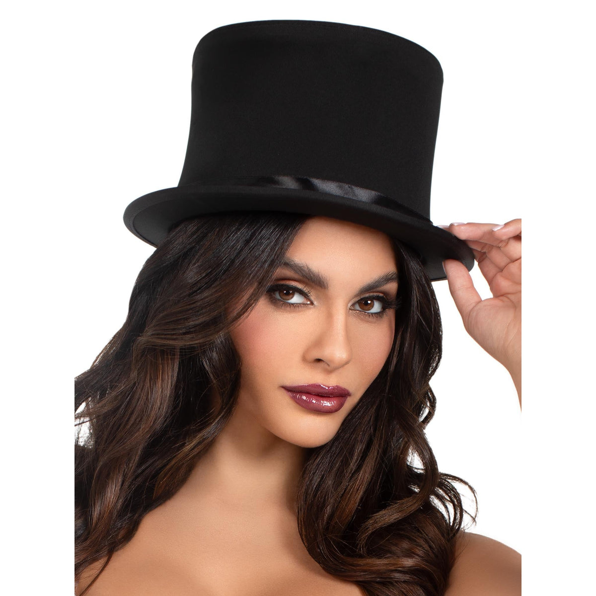 Detail view of black collapsible top hat - Golddiggers Boutique