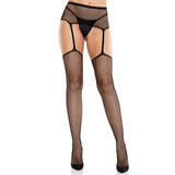 Front view of black cross backseam fishnet stockings with garter belt - Golddiggers Boutique