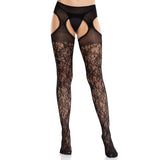 Front view of black cross hatch floral lace suspender tights - Golddiggers Boutique