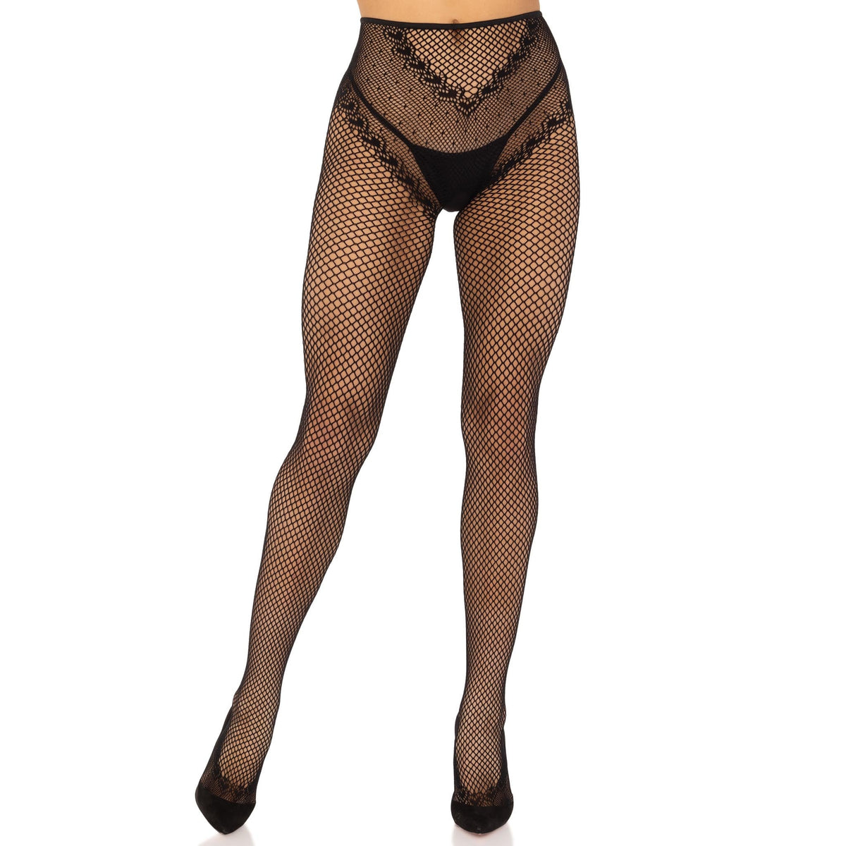 Front view of black crotchless fishnet tights with heart backseam - Golddiggers Boutique