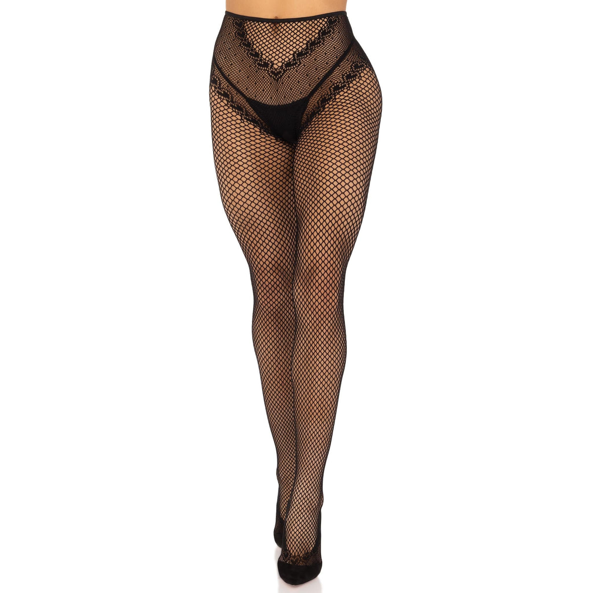 Front view of black crotchless fishnet tights with heart backseam - Golddiggers Boutique