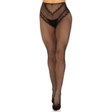 Front view of black crotchless fishnet tights with heart backseam - Golddiggers Boutique