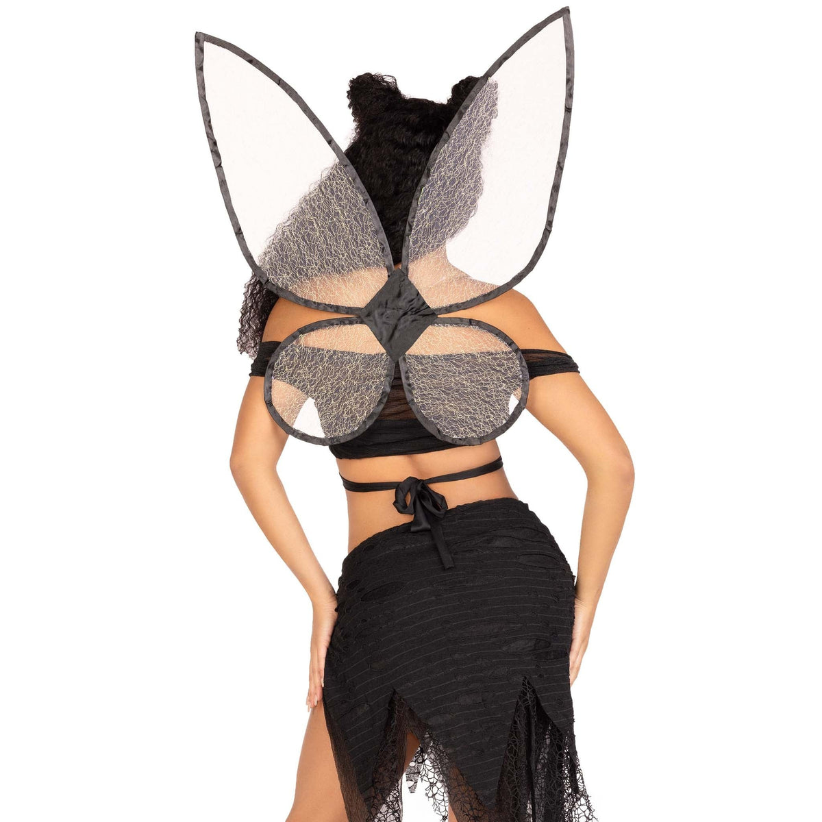 Close back view of black dark fairy costume with butterfly crop top and wings - Golddiggers Boutique