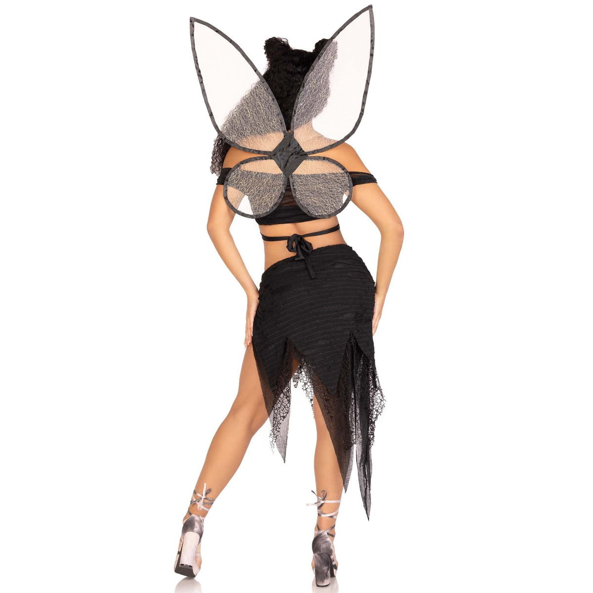 Back view of black dark fairy costume with butterfly crop top and wings - Golddiggers Boutique