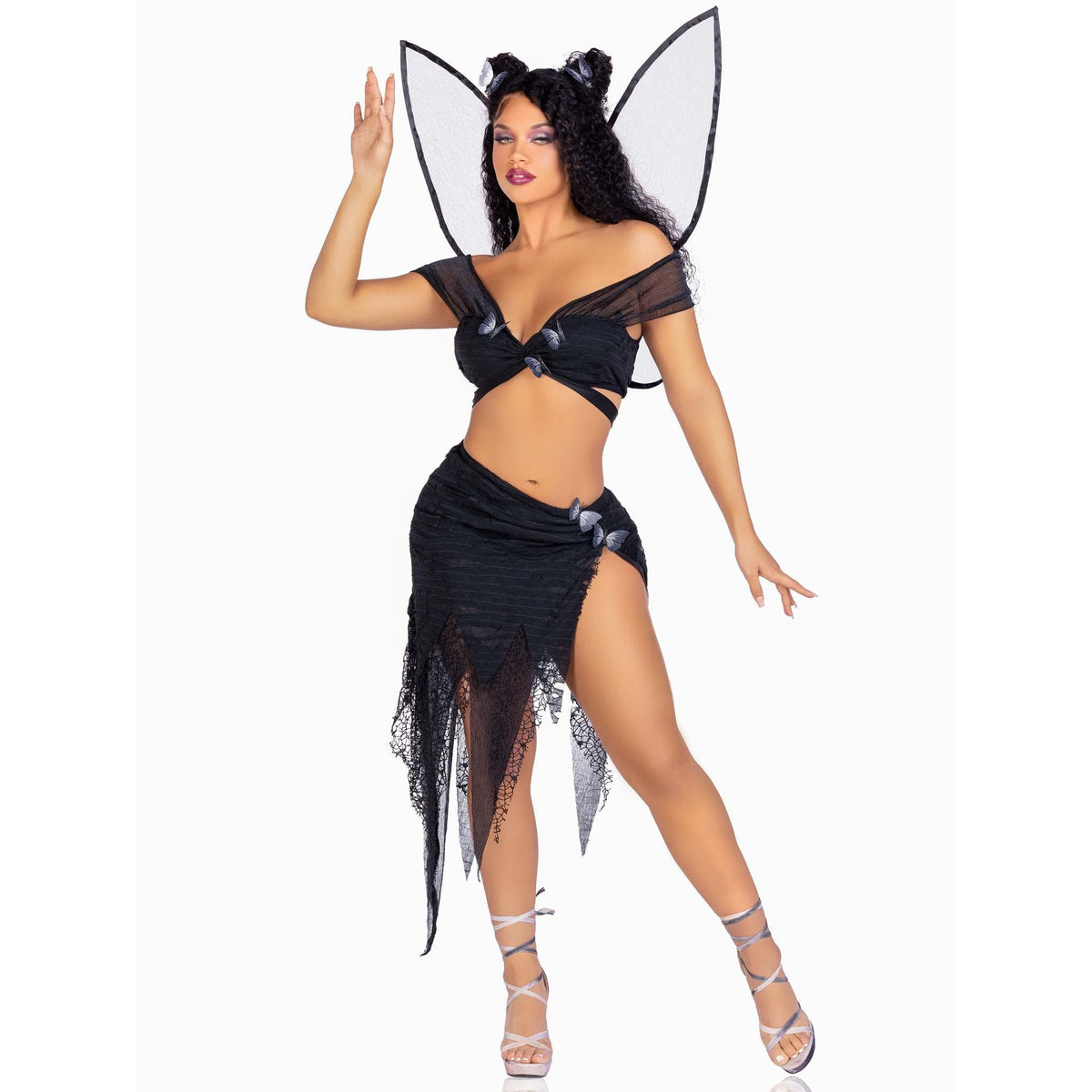 Front view of black dark fairy costume with butterfly crop top and wings - Golddiggers Boutique