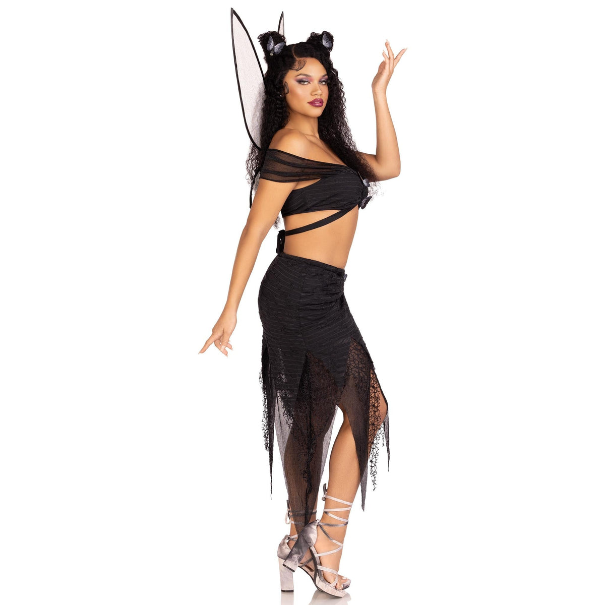 Side view of black dark fairy costume with butterfly crop top and wings - Golddiggers Boutique
