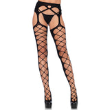Front view of black diamond net stockings with attached garter belt - Golddiggers Boutique