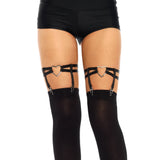 Close-up front view of black dual strap heart thigh garter suspenders - Golddiggers Boutique