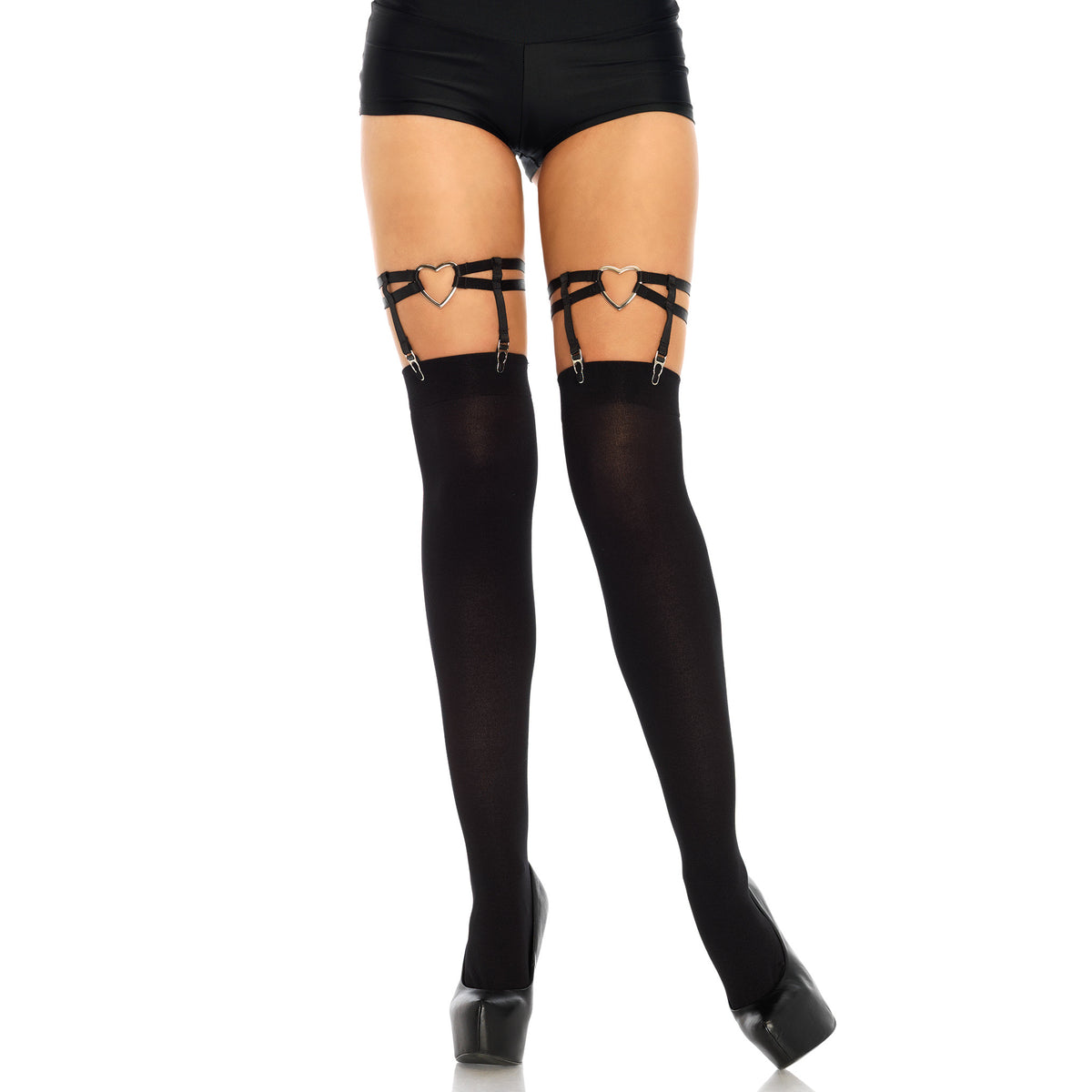 Front view of black dual strap heart thigh garter suspenders - Golddiggers Boutique