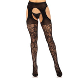 Front view of black eyelet rose lace suspender tights - Golddiggers Boutique