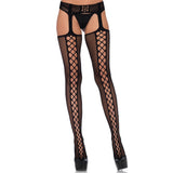 Front view of black faux lace-up backseam stockings with attached garter belt - Golddiggers Boutique
