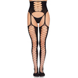 Front view of black faux lace-up stockings with attached waist cincher garter belt - Golddiggers Boutique