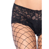 Close-up front view of black fence net tights with lace boyshort top - Golddiggers Boutique
