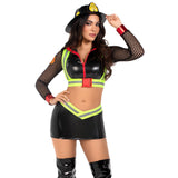Close front view of black firefighter costume with reflective harness and mini skirt - Golddiggers Boutique