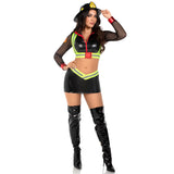 Front view of black firefighter costume with reflective harness and mini skirt - Golddiggers Boutique