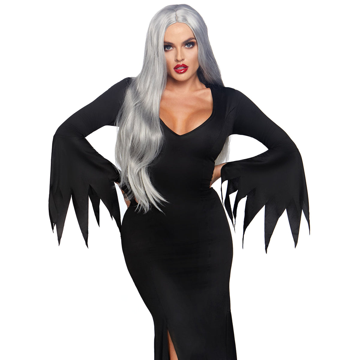 Close-up front view of black floor length gothic dress costume - Golddiggers Boutique