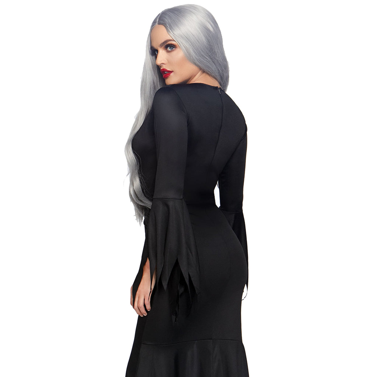 Close-up side view of black floor length gothic dress costume - Golddiggers Boutique