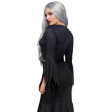 Close-up side view of black floor length gothic dress costume - Golddiggers Boutique