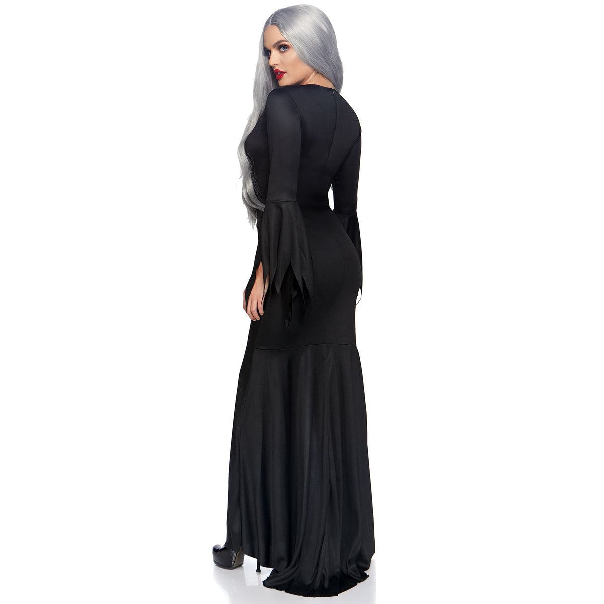 Side view of black floor length gothic dress costume - Golddiggers Boutique