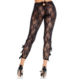 Back view of black floral lace footless capri tights with keyhole bows - Golddiggers Boutique