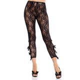 Front view of black floral lace footless capri tights with keyhole bows - Golddiggers Boutique
