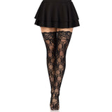 Front view of black floral lace stay-up thigh highs - Golddiggers Boutique
