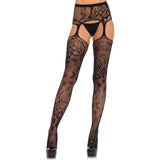 Front view of black floral lace stockings with high waist garter belt - Golddiggers Boutique