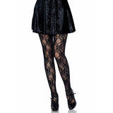 Front view of black floral lace tights - Golddiggers Boutique