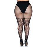 Back view of black floral vine net tights in plus size - Golddiggers Boutique
