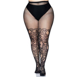 Front view of black floral vine net tights in plus size - Golddiggers Boutique