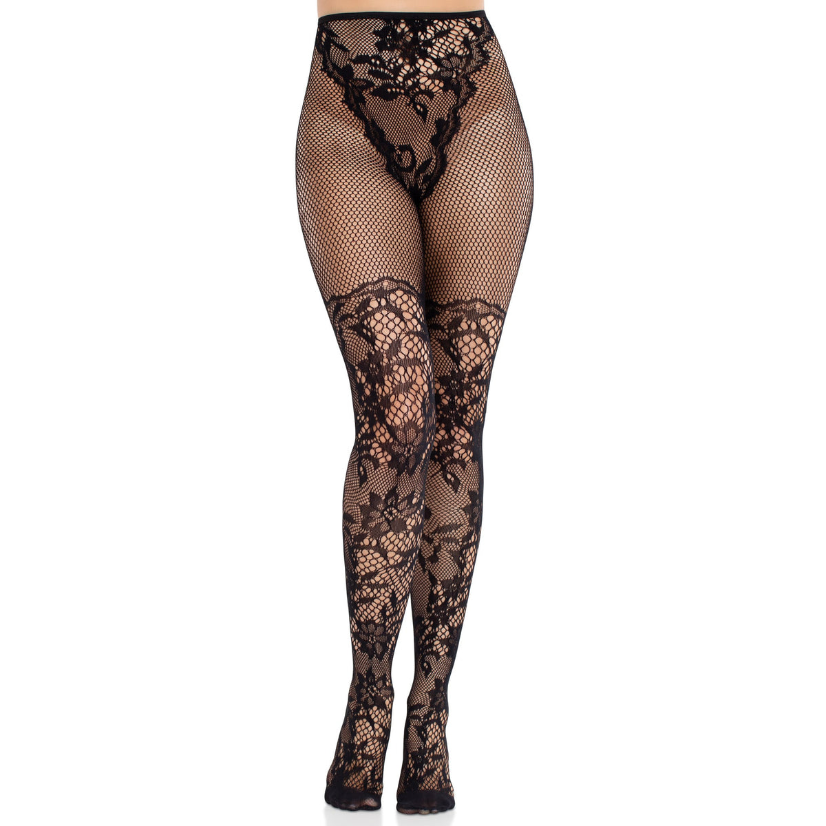 Front view of black french cut dahlia lace tights - Golddiggers Boutique