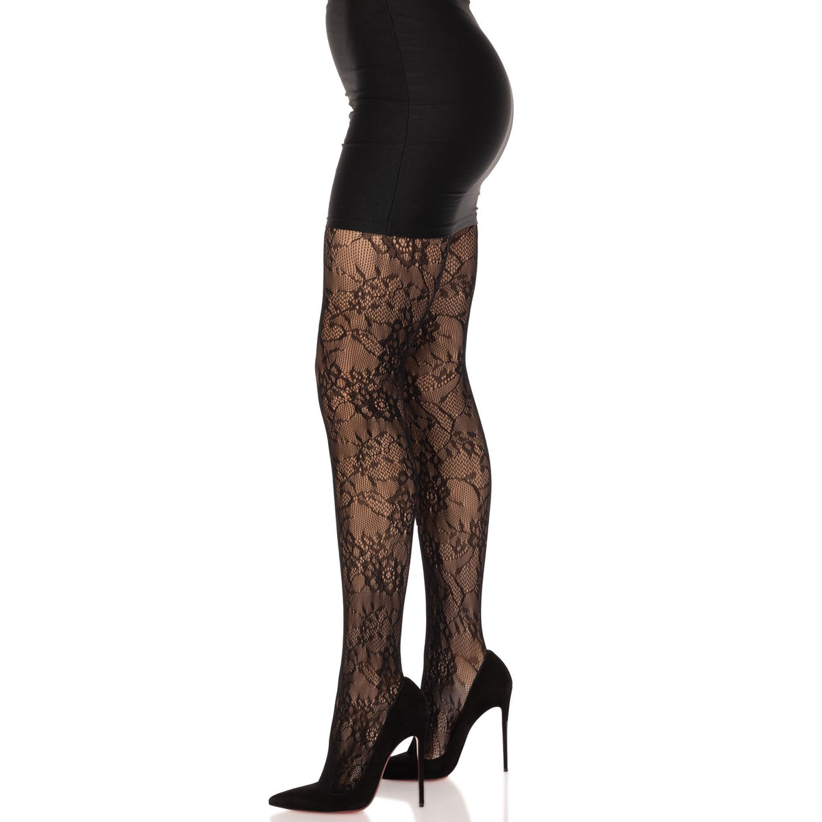 Side view of black garden rose lace tights - Golddiggers Boutique