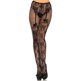 Front view of black garter illusion crotchless lace tights with bows - Golddiggers Boutique