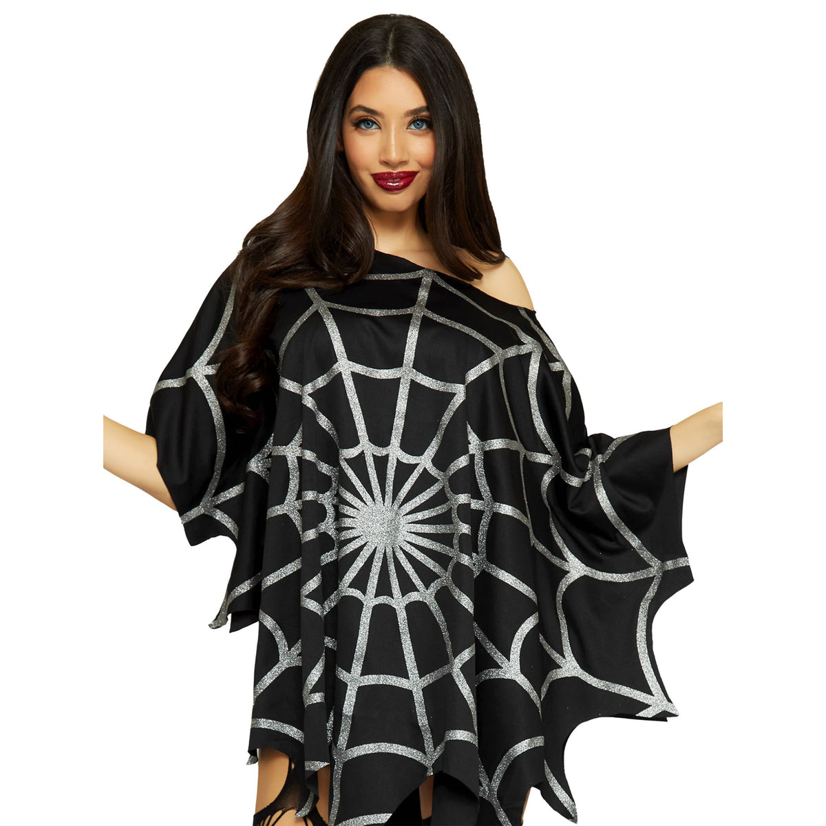 Close-up front view of black glitter spiderweb poncho - Golddiggers Boutique