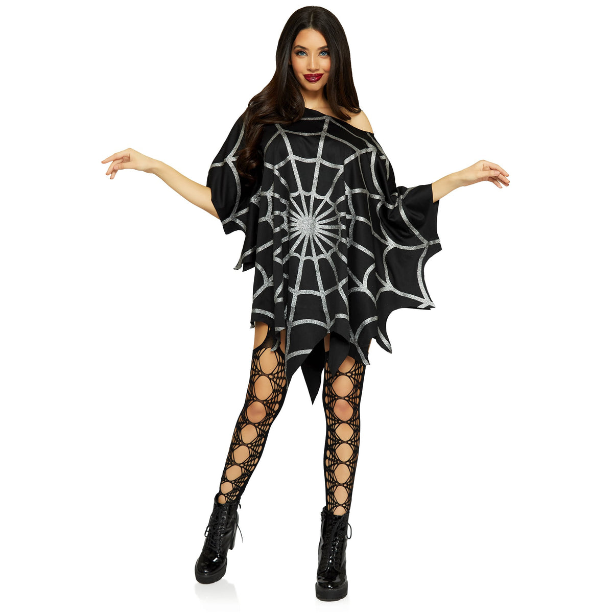Front view of black glitter spiderweb poncho - Golddiggers Boutique