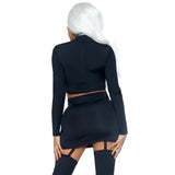 Close back view of black and gold skeleton costume with crop top and garter skirt - Golddiggers Boutique