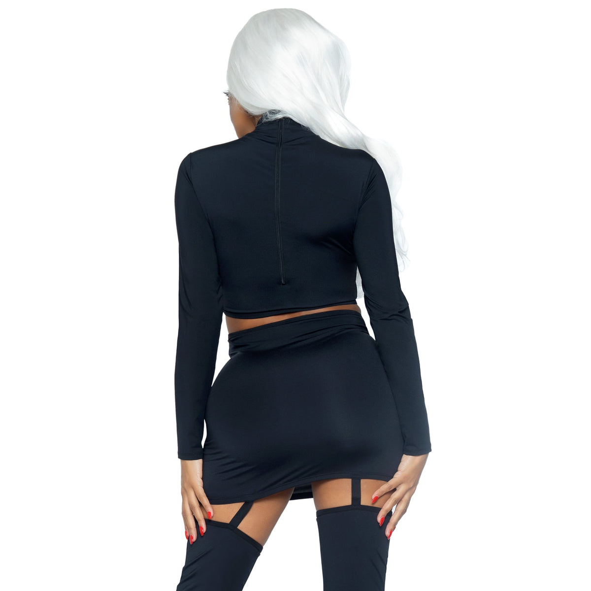 Close back view of black and gold skeleton costume with crop top and garter skirt - Golddiggers Boutique