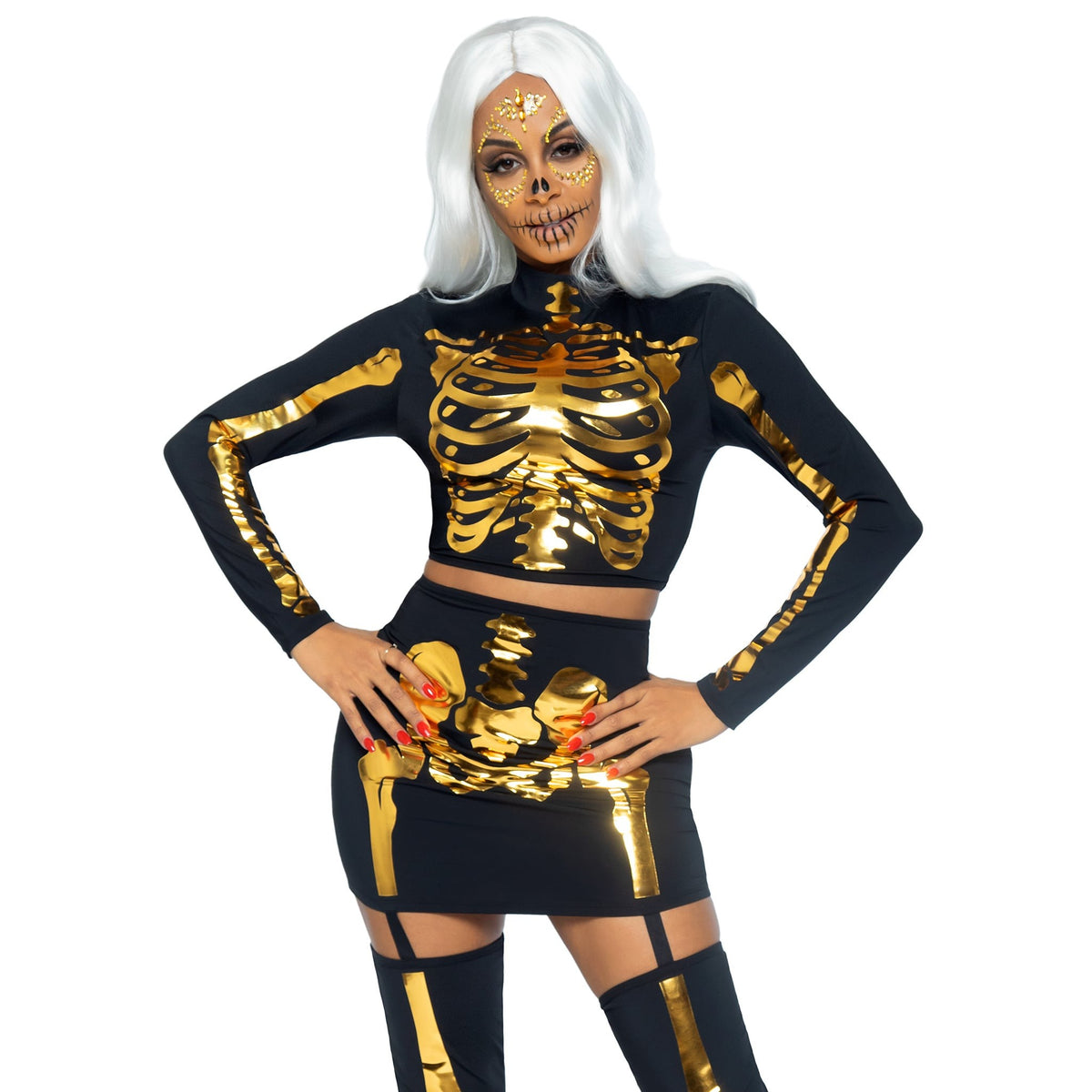 Close front view of black and gold skeleton costume with crop top and garter skirt - Golddiggers Boutique