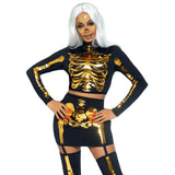 Close front view of black and gold skeleton costume with crop top and garter skirt - Golddiggers Boutique