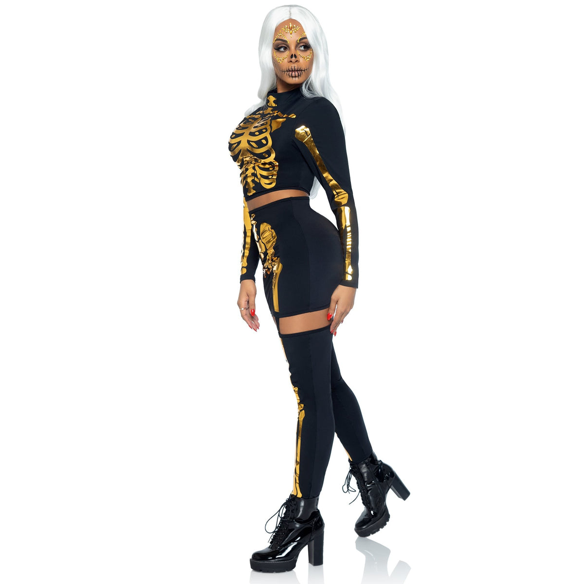Side view of black and gold skeleton costume with crop top and garter skirt - Golddiggers Boutique