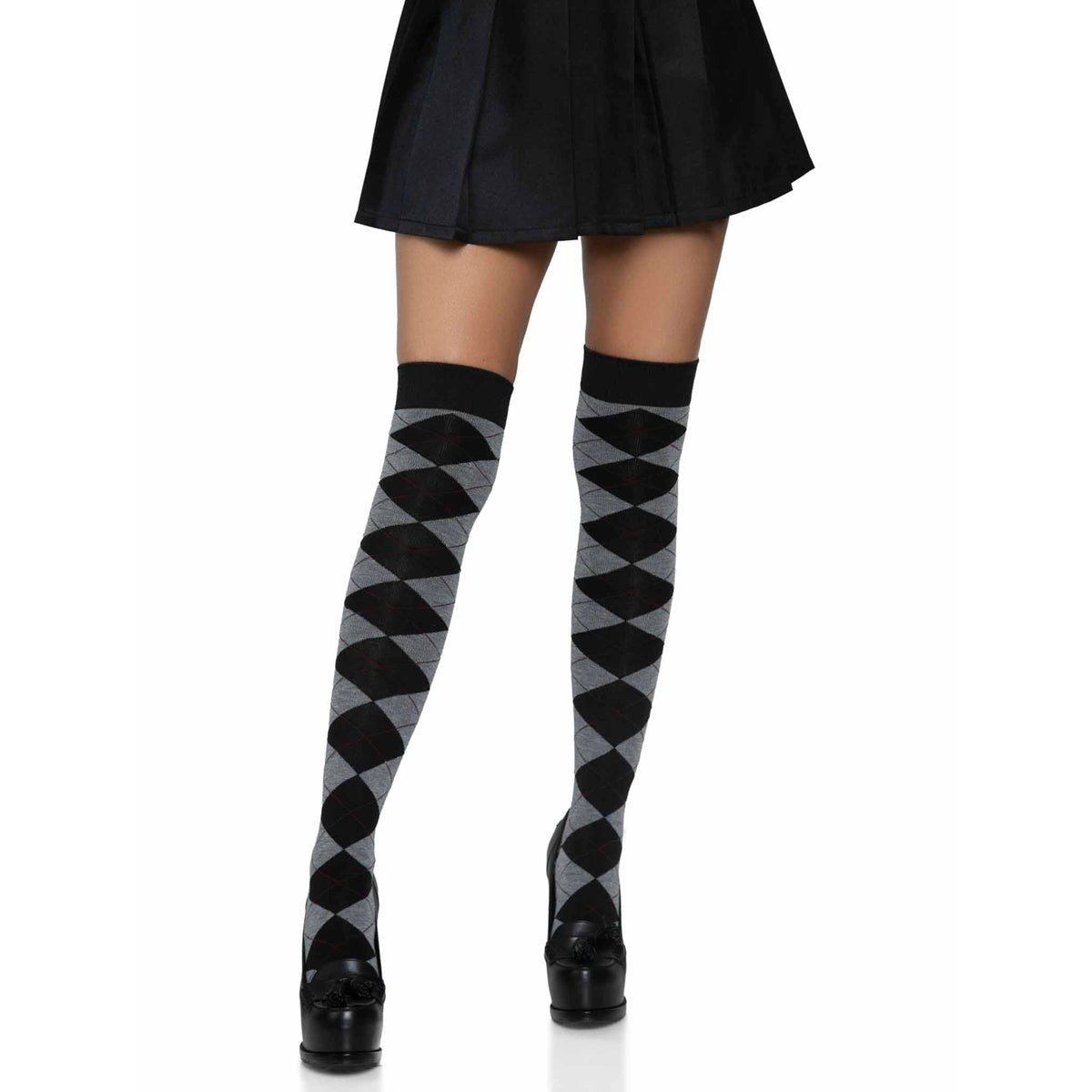 Front view of black & gray argyle knit over the knee socks - Golddiggers Boutique