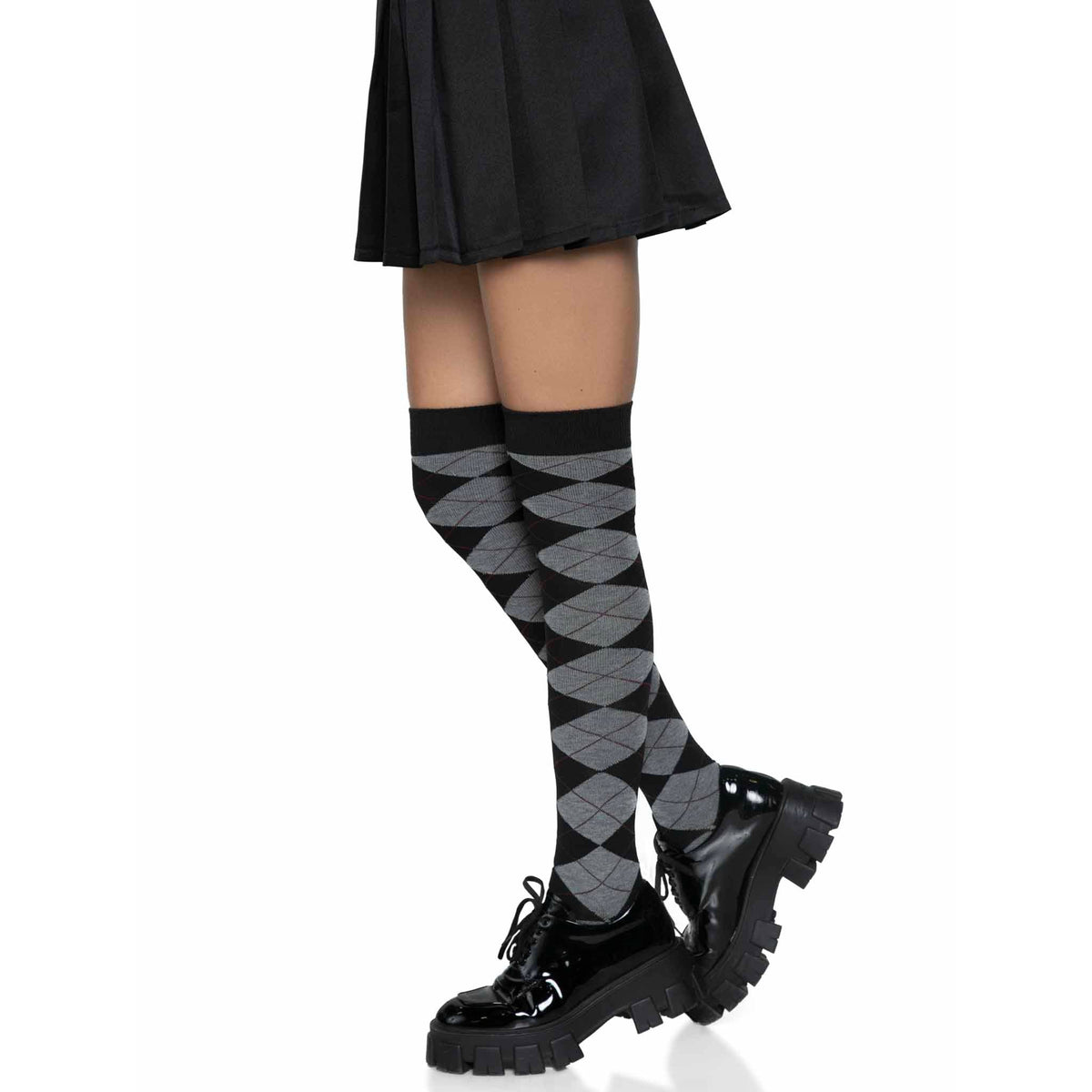 Side view of black & gray argyle knit over the knee socks - Golddiggers Boutique