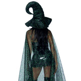 Close back view of black and green glitter moon cape and witch hat kit - Golddiggers Boutique